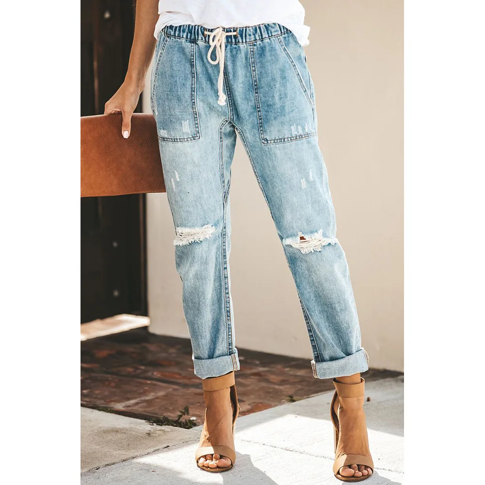 

Gather Round Distressed Pocketed Denim Jogger Fit with an Elastic Drawstring Waist