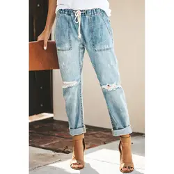 Круглые рваные джинсовые штаны с карманами с эластичной завязкой в талии