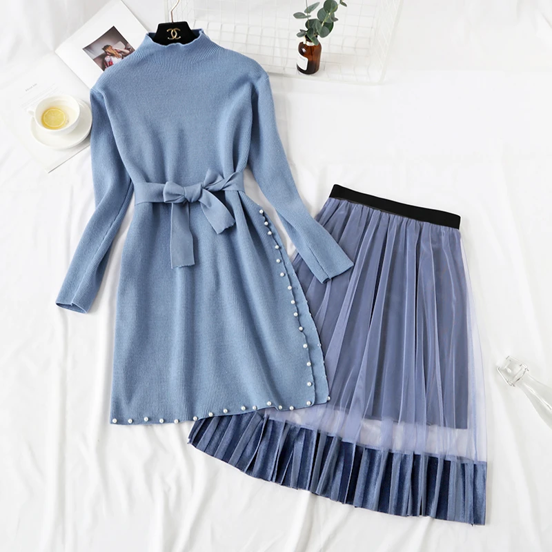 

2019 Winter New Women Long Sleeve Beading Hip Knit With Lace Dress Female Half High Collar Two Piece Set Knitted Sweater Dress