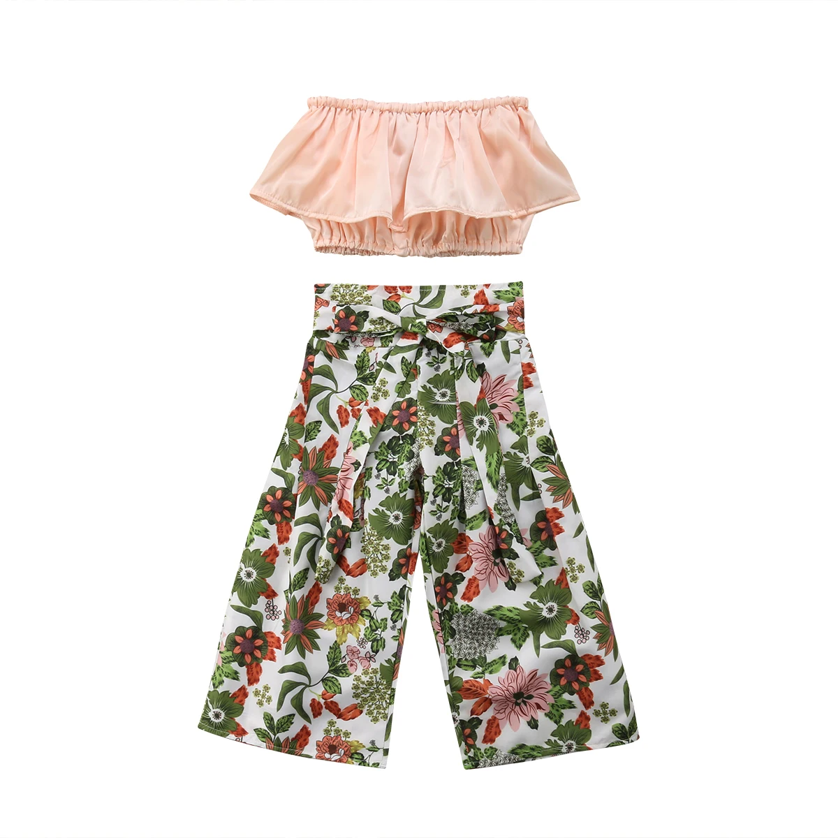 

2PCS Kids Girls Off Shoulder Strapless Crop Tops+ Flare Loose Pants Outfits Summer Clothes Set Suit