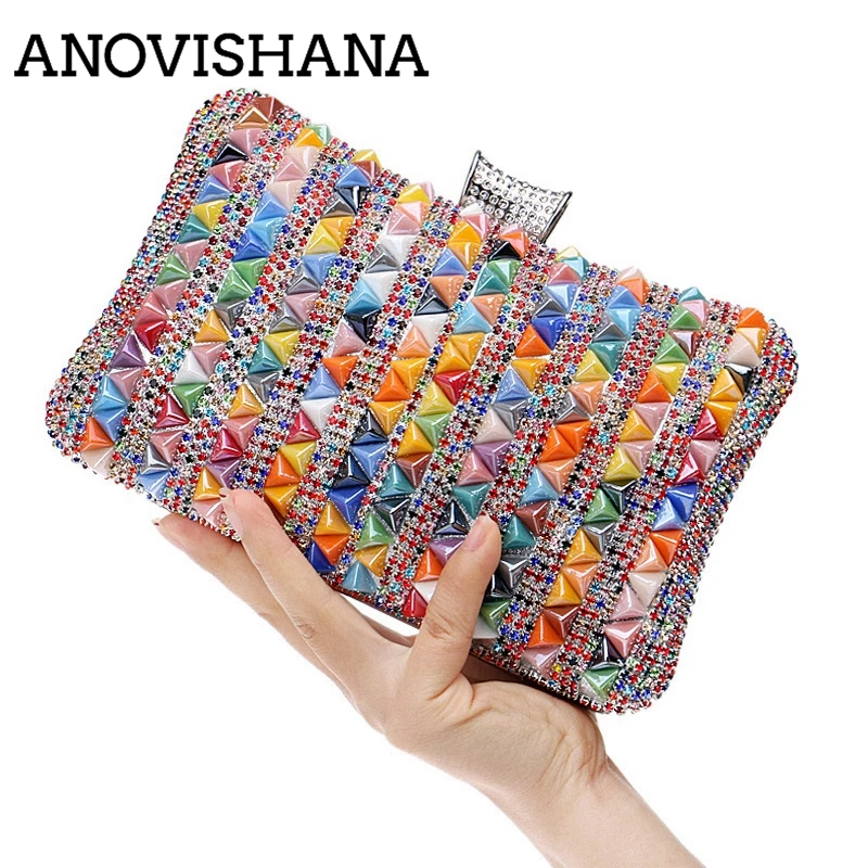 

ANOVISHANA Women Evening Clutchs Full Crystal Diamonds Pillow Shaped Geometric patterns Clutches Lady Handbags Wedding Purse
