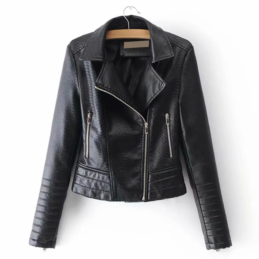 

ANSFX Stylish Black Snake Texture Faux Leather Jacket Turn-down Collar Zipper Pockets Coat Motorcycle Biker Outwear PU Tops