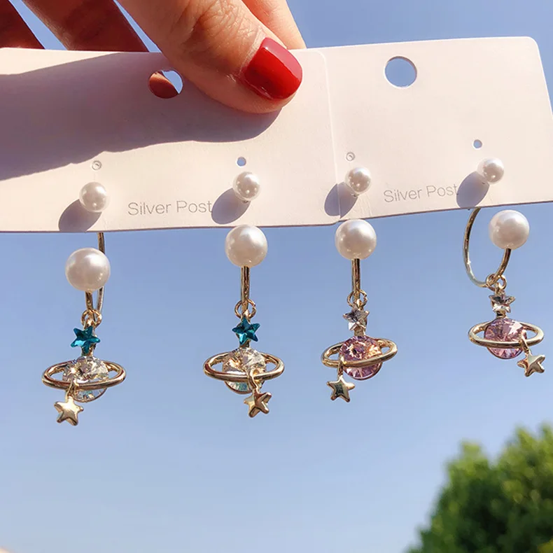 

Earrings 2019 Korea 925 Silver Needle Saturn Stars Pearl Earrings Fashion Elegant Party Statement Stud Earrings For Women