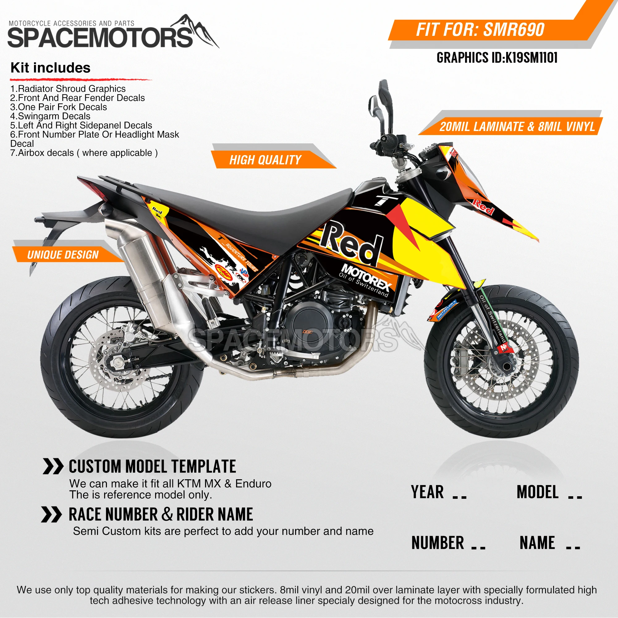 MotoSpace индивидуальные команды Графика Фоны наклейки 3m наклейки на заказ для KTM SM SMR690 2007 2008 2009 2010 2011 101