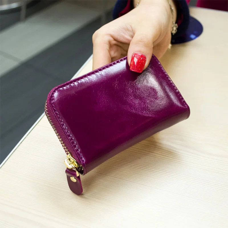

women genuine leather card holder oil wax genuine leather card bag female Zipper card holder free shipping