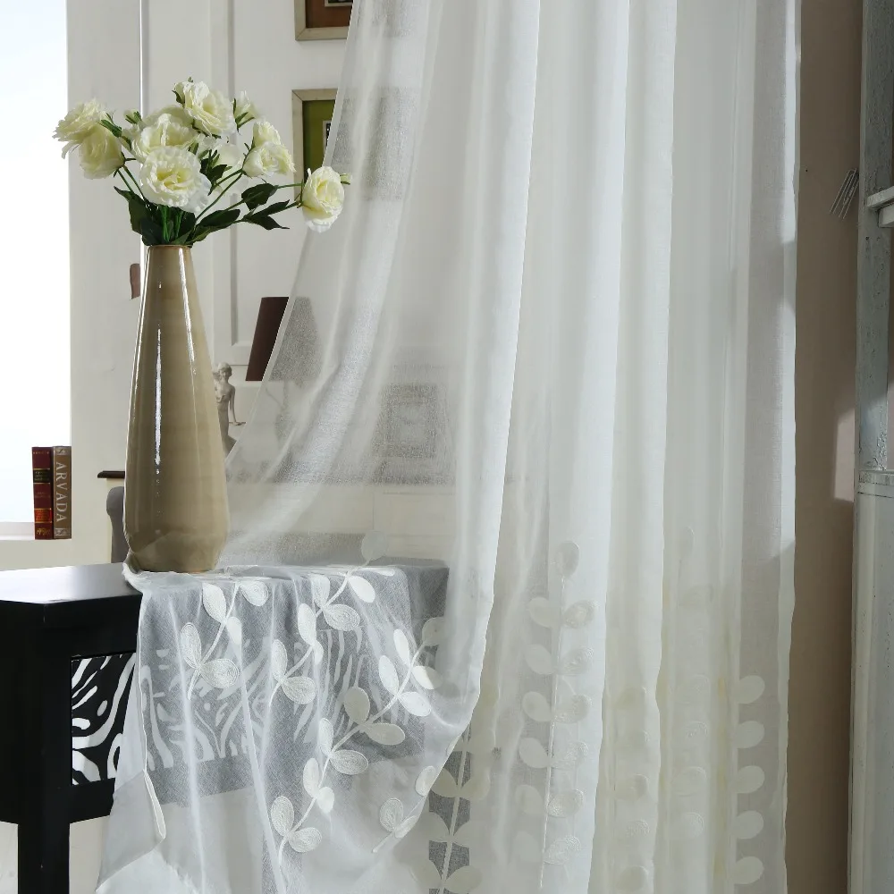 

[Slow Soul]Custom Curtain White Gauze Shade Embroidery Pastoral Style Leaves Window Balcony Curtains For Living Room Plant