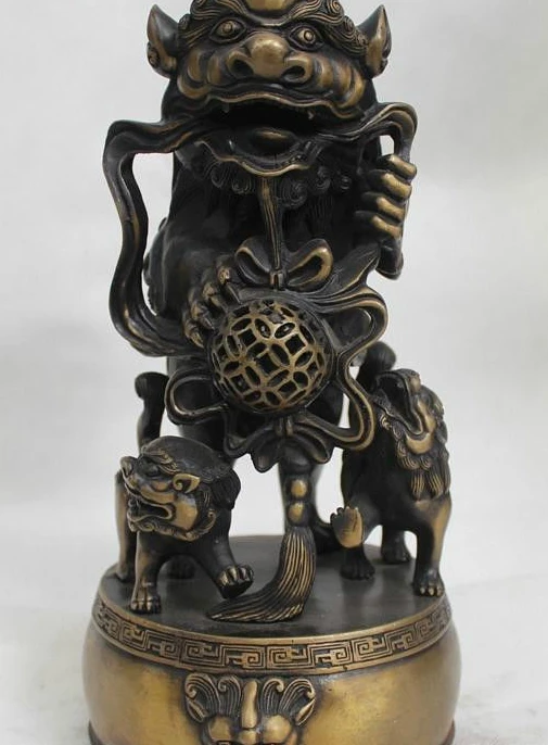 

11"China Chinese Folk Fengshui Bronze Lucky Three Lion Play Bead Statue
