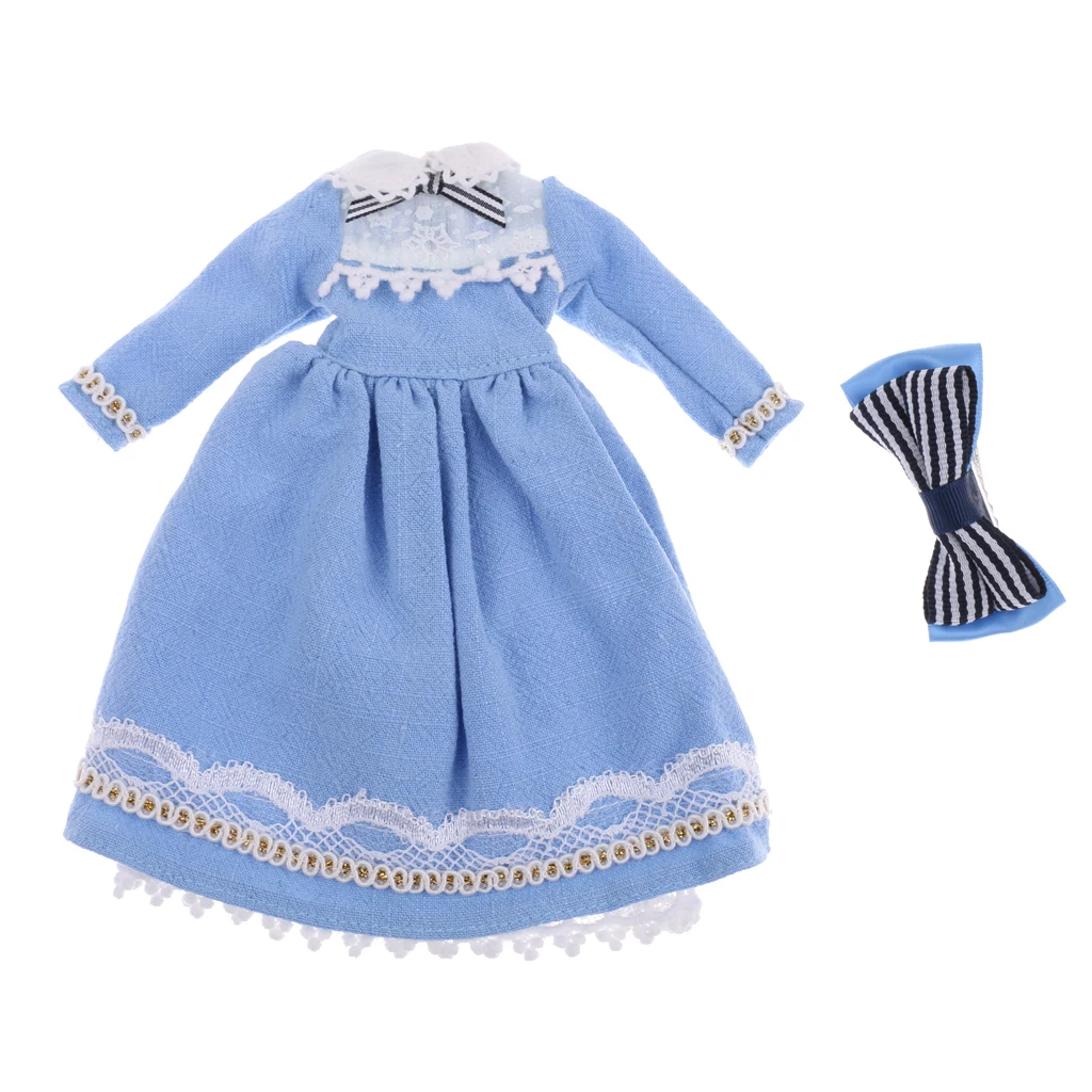 Light Blue Skirt Dress Hairclip Clothing for 1/6 Fashion Doll Neo Azone Licca Dolls Accessories