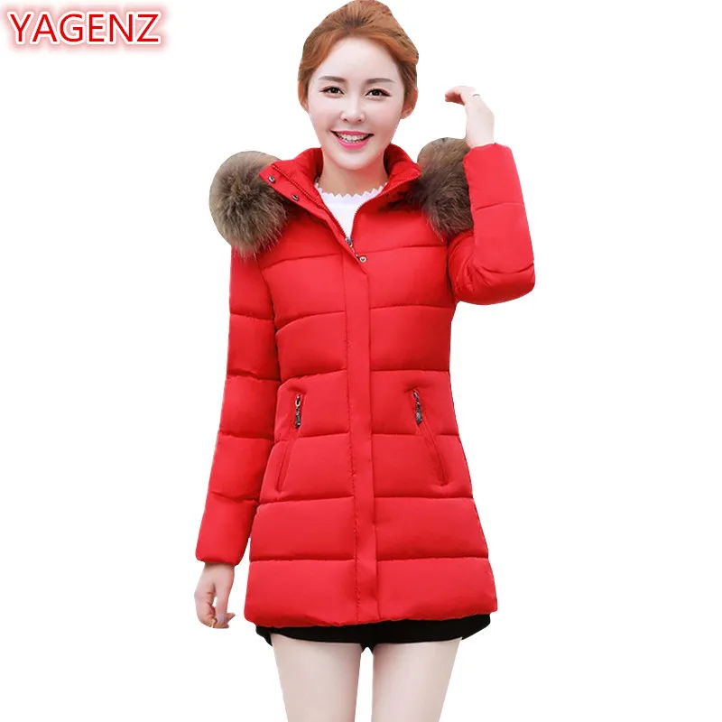 YAGENZ Autumn Winter Cotton clothing Jacket Long section large size Fashion Womens Keep warm Fur collar Hooded Coat 614 | Женская одежда