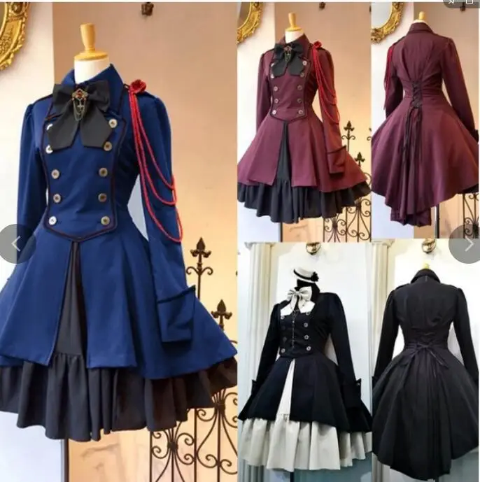 2019 Vintage Gothic Lolita Dress OP Ruffle Bowtie Button Lace Up Knee Length Dress Long Sleeve Sweet Dress