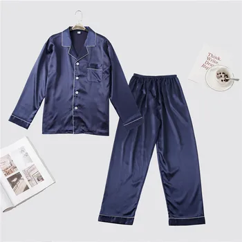 

Navy Blue Men Casual Pajamas Set Spring Summer Long Sleeve 2PCS Sleepwear Rayon Pyjama Pijama Suit Male Home Clothes L XL XXL