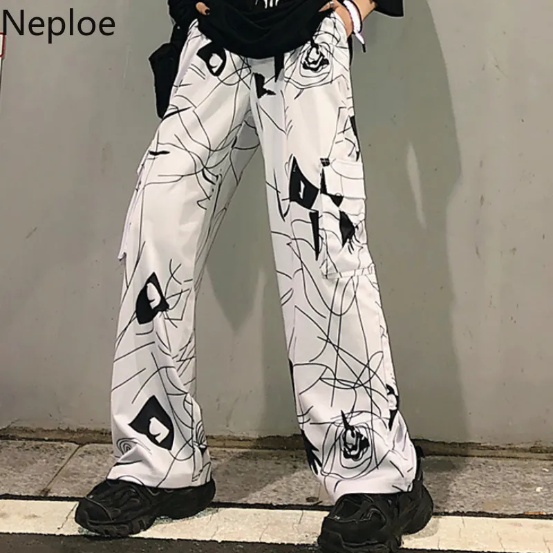 

Neploe 2019 Fashion Cargo Pants Women Abstract Print Trousers Loose Joggers Sweatpants Gothic Pocket Harajuku Pantlon Streetwear