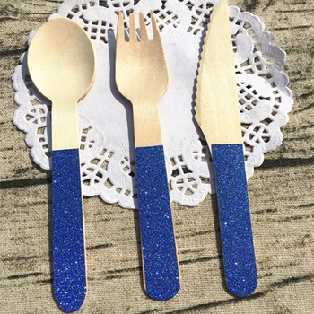 

60pcs GlitterBlue Spoon Knife Fork Disposable Birch Wood Cutlery Biodegradable Picnic Party Utensil for SchoolGraduation Baptism