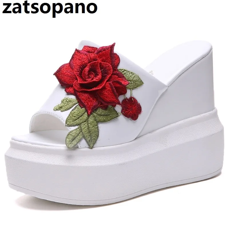 

12cm Flower Slippers Platform Woman 2019 Wedge High Heel Female Sweet Slides Bow White High Increased Woman Slippers Holiday