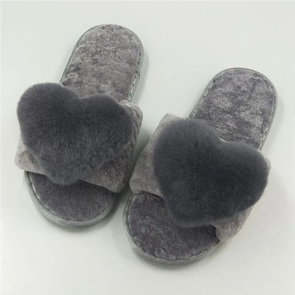 Dark gray Новые модные тапочки из натурального Лисьего меха; пушистые плюшевые тапочки; аксессуары; мягкие Меховые тапочки на плоской подошве в форме сердца; женские теплые домашние тапочки - Цвет: Dark gray