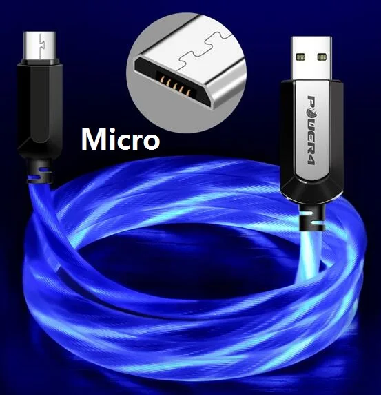 Power4 Светящиеся USB кабели для Lightning/Micro/usb type-C провода для iPhone зарядный кабель освещение для samsung S9 plus/Apple 5 6 7 - Цвет: Micro-Blue