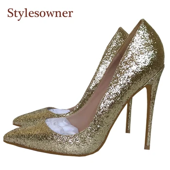 

New Lady Wedding Shoe Super Thin High Heeled Light Gold Sequined Cloth Glitter Shallow Mouth Slip On Bling Shoe Woman Fashion