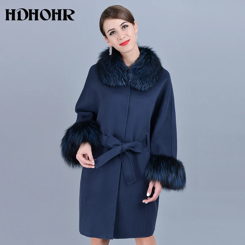

HDHOHR 2019 Hot Sale Cashmere Coat Women Winter Sleeve Collar With Natural Real Fox Fur Jacket Genuine Fox Fur Coats Female