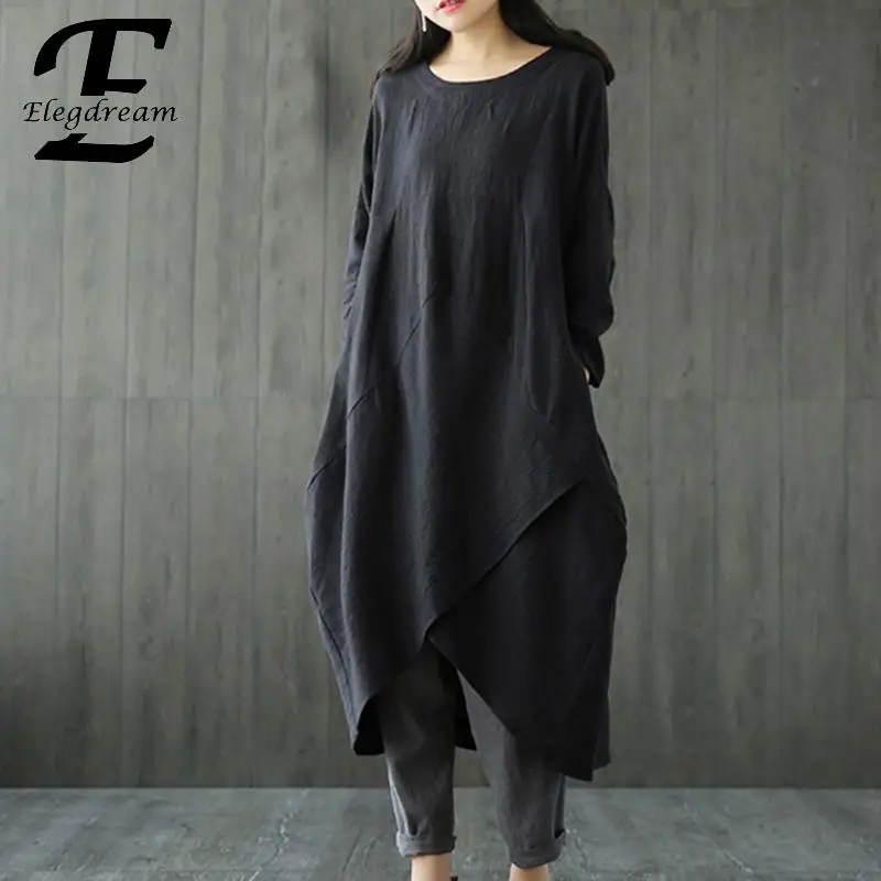 

Elegdream Brand Plus Size Women Cotton Linen Dress Ladies Spring Autumn 2019 Casual Loose Midi Dresses Female Tunic Vestidos 3XL