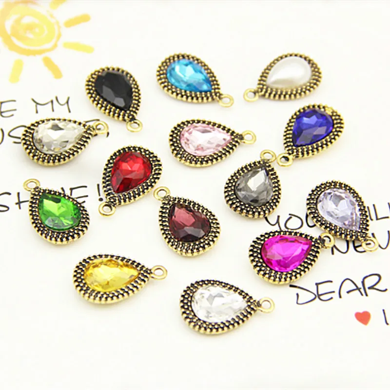 

Vintage Gold Plating Metal Charms Colorful Water Drop Rhinestone Pendants Diy Materials For Jewelry Making Accessories