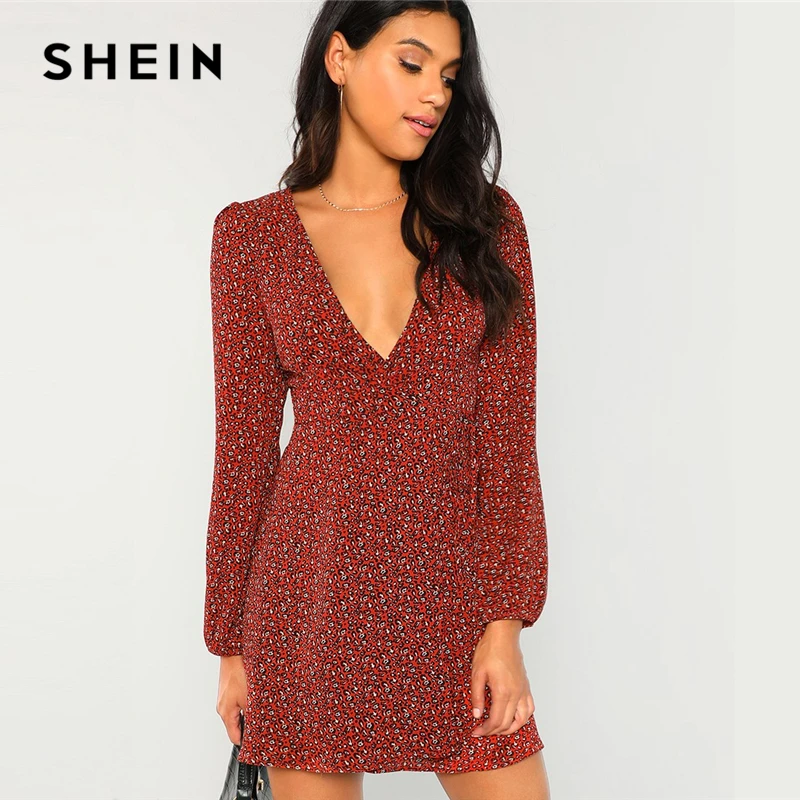 

SHEIN Rust Leopard Print Plung Neck Wrap Dress Bohemian Beach Vacation Flared Dress Women Autumn Short Casual Elegant Dress