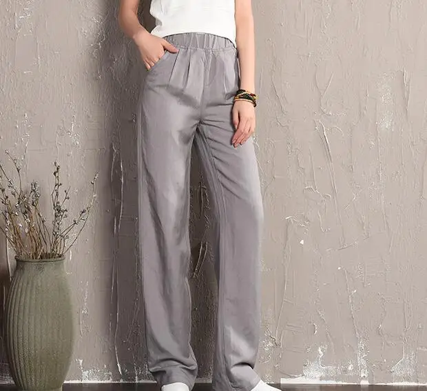 

Linen blend ealstic waist plus size 5 solid colour black beige gray straight pants for women summer spring high waist sxs0802