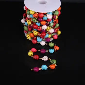 

5Meter/lot,Mixed Turquoises skulls bead Copper Chain,8x10mm Natural stone With Gold color Brass Wire Wrapped Rosary Chains
