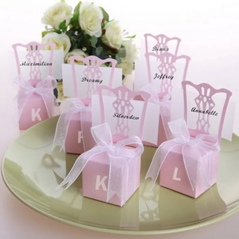 

36PCS Monogram Initial Pink Chair Favor Box with Ribbon and Place Card Unique Wedding Bridal Shower Favors