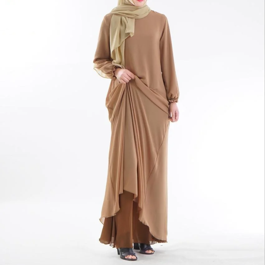 Мусульманские взрослые могут носить обе стороны поддельные две части модные шифоновые мусульманские платья абайя музыкальный халат молитвы Рамадан Абая wj2845 - Цвет: coffe with khaki
