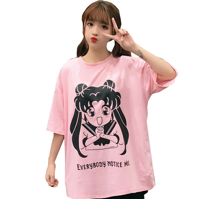 

2019 New Summer T-shirt Women Cute Sailor Moon Print T-shirt Loose Round Neck Harajuku Cartoon Anime Short Sleeve T-shirt #208