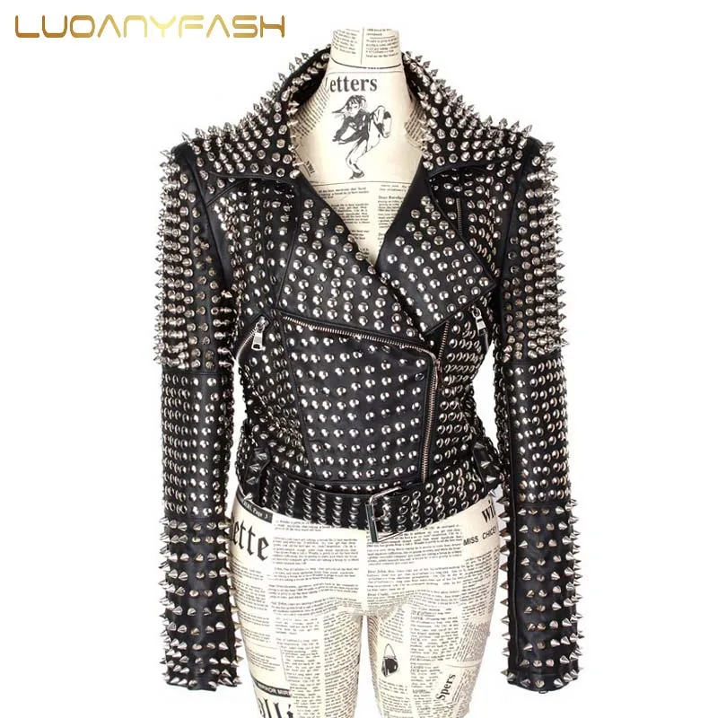 Luoanyfash aw street style punk motor rivet leather jacket pu rivet