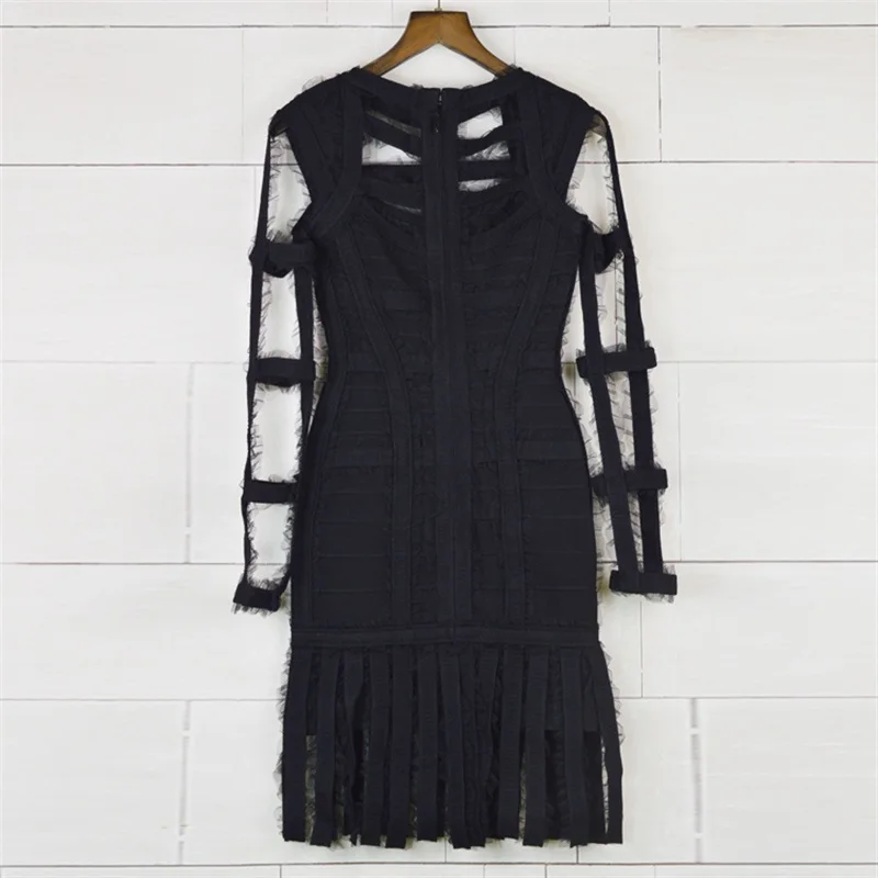 Подиумное весеннее Новое дизайнерское платье с кисточками, сексуальное открытое платье с длинным рукавом, облегающее платье с бахромой, платье для выпускного вечера, платья для знаменитостей - Цвет: Black
