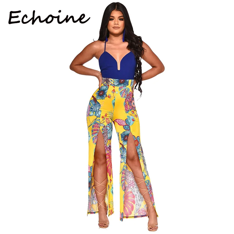 Echoine Sexy Leave Pattern Romper Spaghetti Straps Backless Bandage Pants High Split Fashion Jumpsuits For Women Outfits | Женская