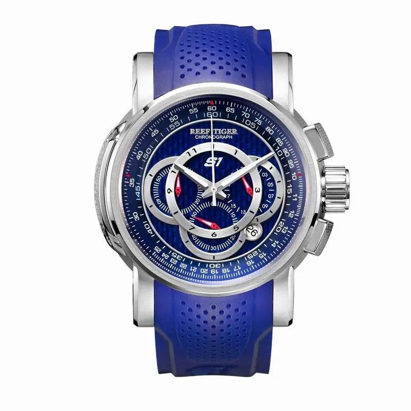 Риф Тигр/RT мужские спортивные часы хронограф Дата 316L сталь большой синий циферблат резиновый ремешок кварцевые часы водонепроницаемые Relogio RGA3063 - Цвет: RGA3063YLL