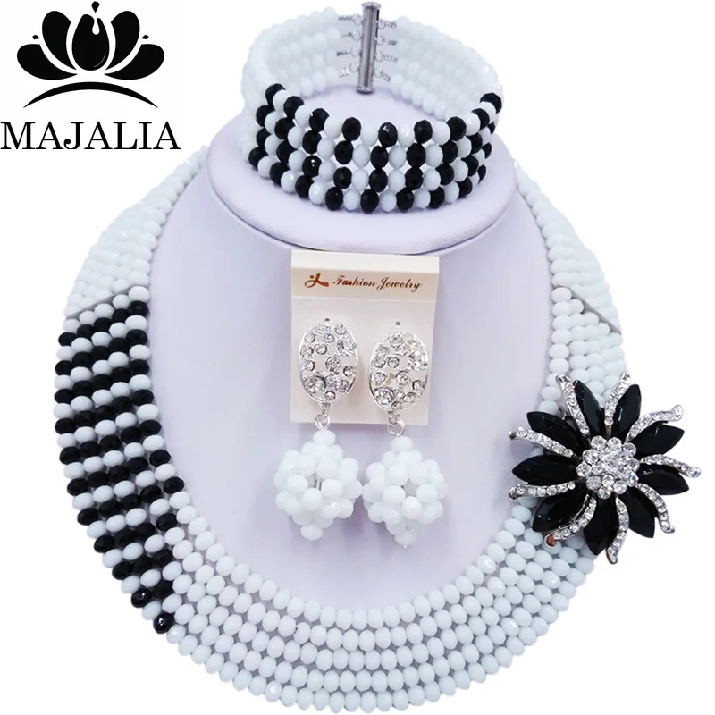 

Majalia Romantic Nigeria Wedding African Beads Jewelry Set White and Black Crystal Necklace Bridal Jewelry Sets 5AS048