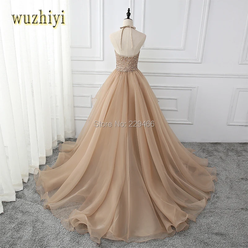 Wuzhiyi vestidos de formatura Высокое/низкое шампанское кружевное платье для выпускного вечера Бисероплетение Кристалл Вечернее пикантное платье для выпускного вечера