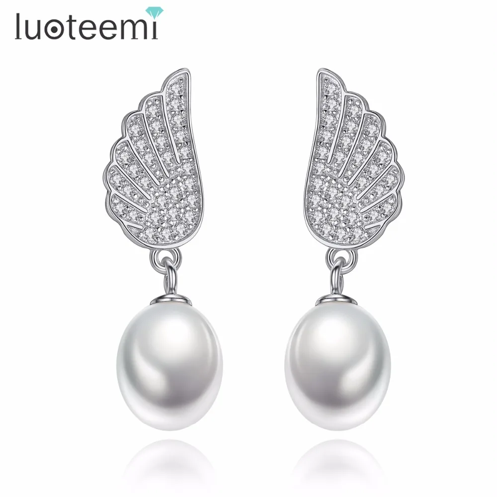 

LUOTEEMI Drop Earrings Sterling Silver Freshwater Natural Pearl Best Gift for Bride Luxurious New Fashion Women Feather Shape