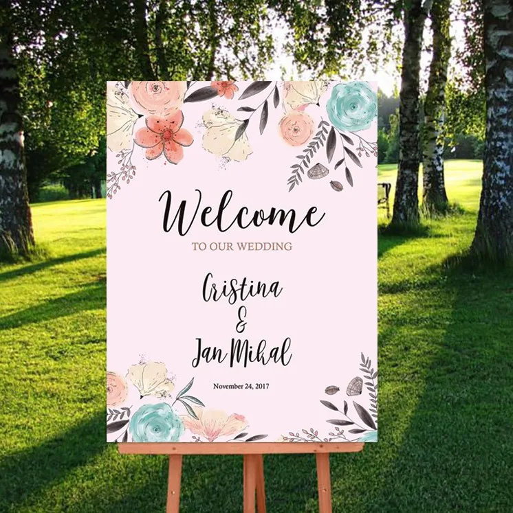 free shipping 1 pcs custom logo picture Wedding Welcome board business party sign Welcome card for wedding pink white yellow red