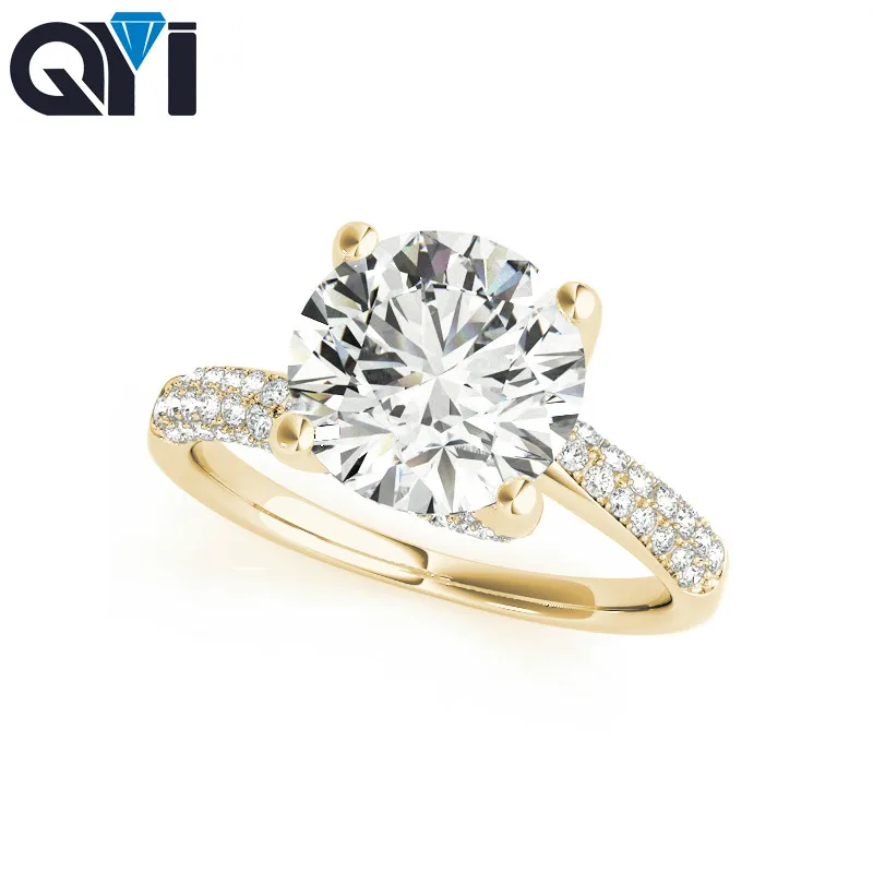 

QYI 14k Yellow Gold Multi Row Band Rings Round Cut 2ct Simulated diamond Romantic Solitaire Engagement Ring for Women