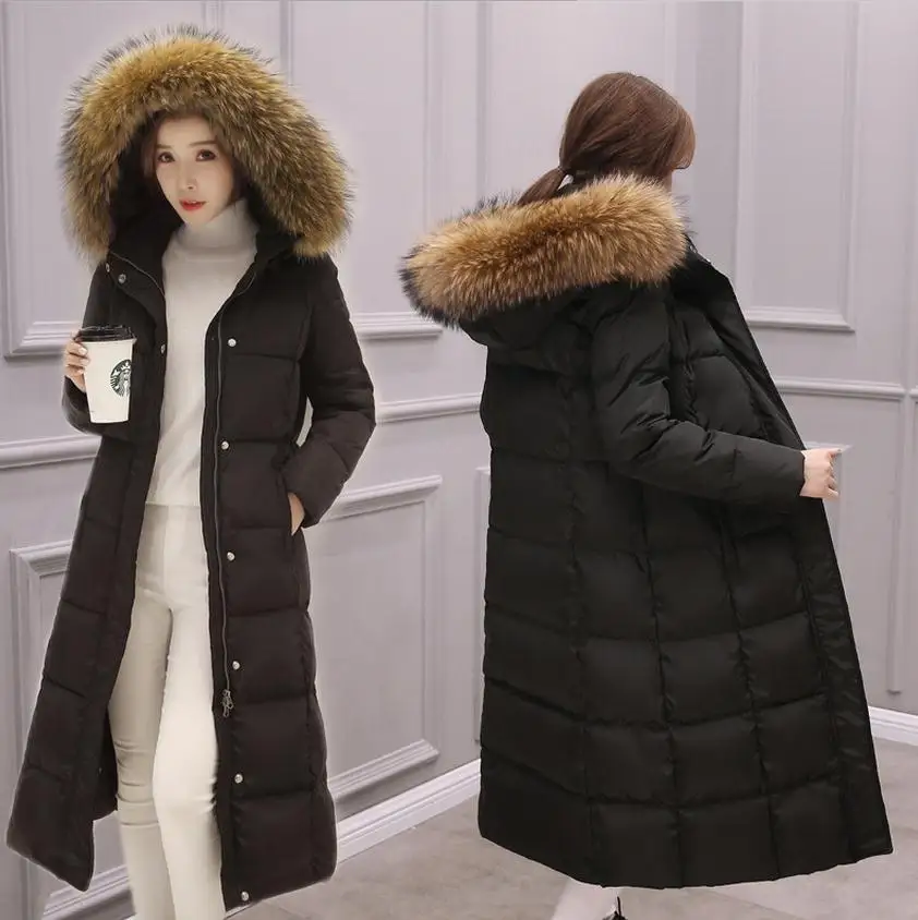 От производителя, пальто с воротником из натурального меха енота, зимняя Модная брендовая длинная куртка на 90% утином пуху, пальто wj1012
