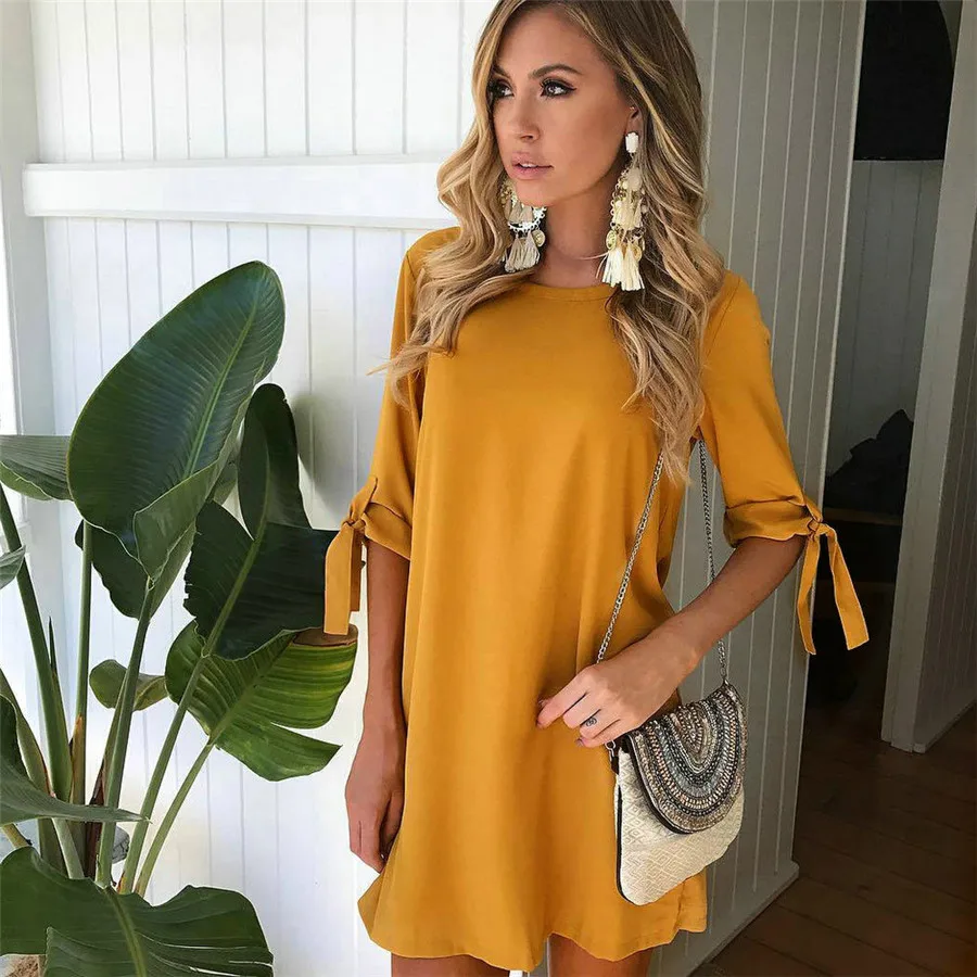 

O neck Solid Bowknot Sleeves Dresses Mini Dress Women Dresses Sexy Dresses For Female vestir robe vestido robe femme #2S