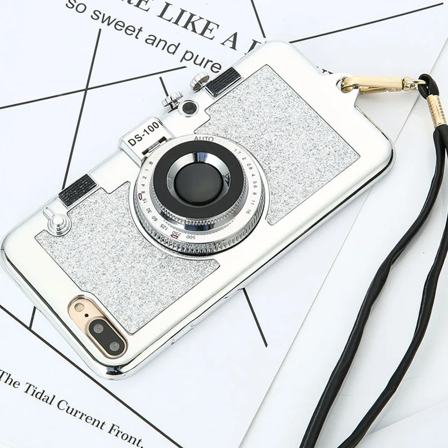 

Korean 3D Camera Phone Cases For iphone X 8 7 6 6S 5 Plus Case Luxury Electroplating Soft Cover Stand Holder Mirror With Lanyard