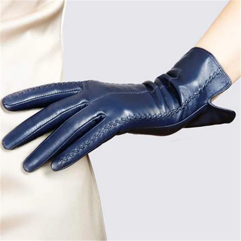 Лидер продаж, женские перчатки из натуральной кожи, женские осенне-зимние Утепленные бархатные модные трендовые перчатки из овчины, L085NC-1 - Цвет: navy blue