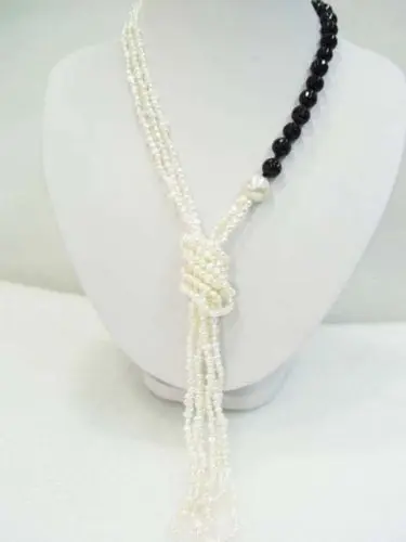

Jewelr 004876 Lariat Necklace 3 strands white pearl black onyx round beads 45