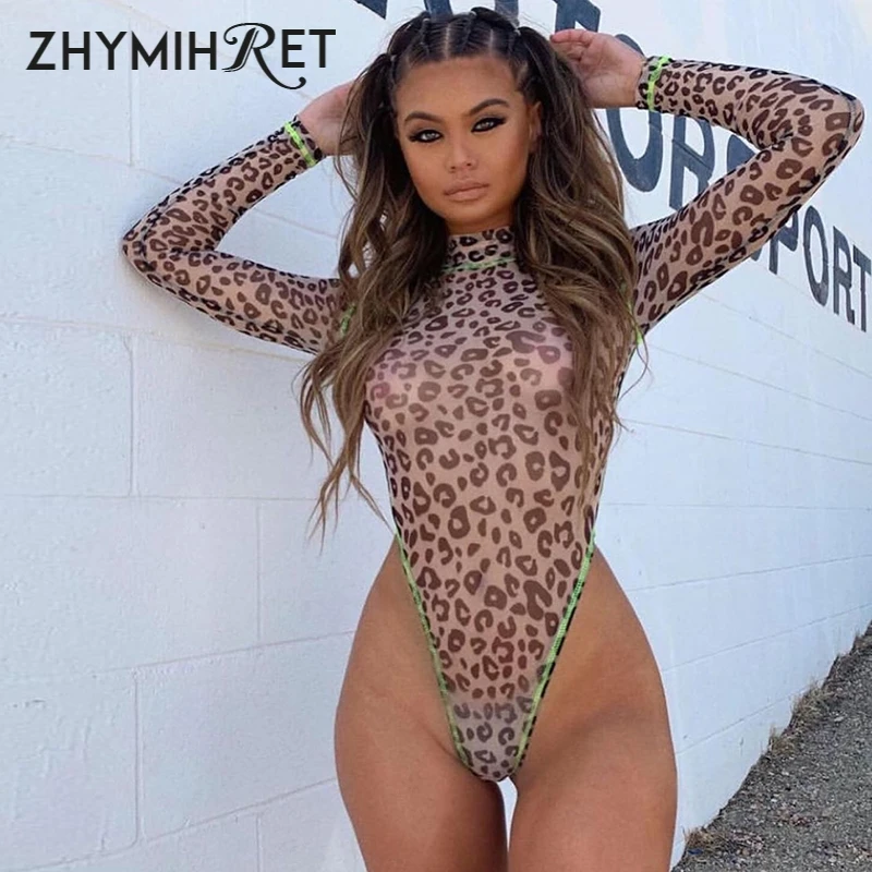 ZHYMIHRET сексуальный леопардовый сетчатый боди для женщин неоновый лоскутный
