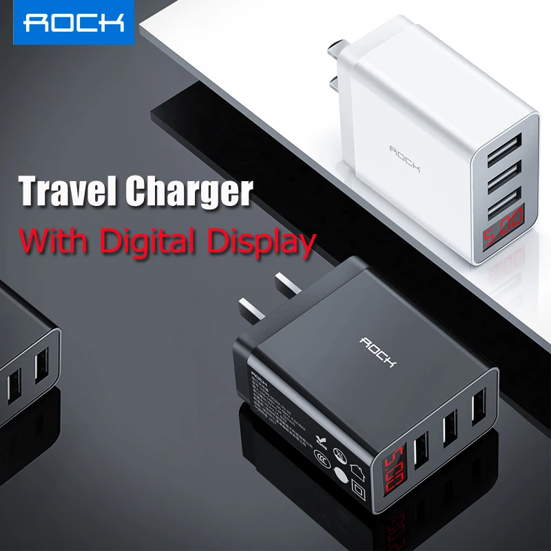 

ROCK 3 Port USB Phone Charger LED Display EU Plug Total Max 3.4A Smart Fast Charger Mobile Wall Charger for iPhone iPad Samsung