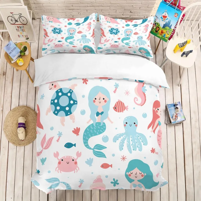 

Cartoon Octopus Mermaid Comforter Bedding Set Duvet Cover Pillowcases Bed Sets 3D Kids Adults Bedclothes California King Size