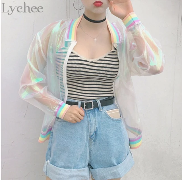 Lichia Rainbow Symphony Harajuku Mulheres Verão Jaqueta de Laser Holograma Mulheres Casaco Jaqueta Bomber Iridescente Transparente Sunproof