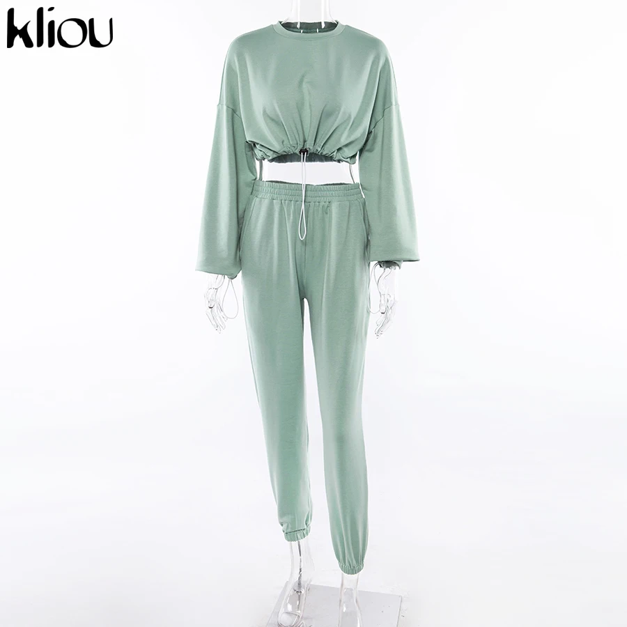 Kliou женский осенне-весенний однотонный модный комплект из 2 предметов укороченная толстовка с длинным рукавом с круглым вырезом и длинные штаны