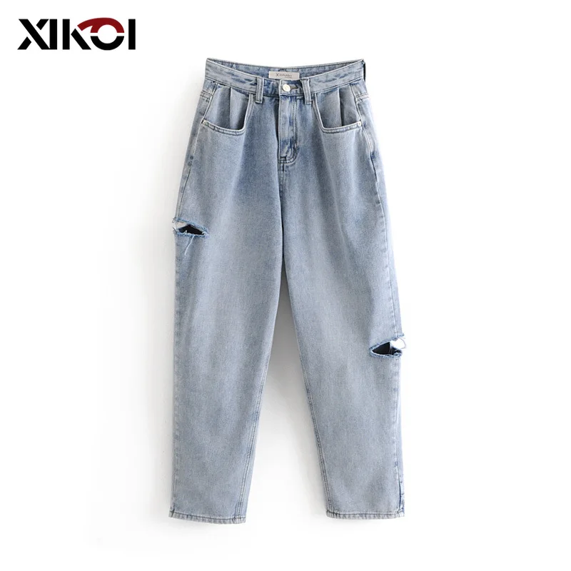

XIKOI Fashion Women Loose Blue Denim Jeans Pants Hole Streetwear Cotton Denim Cargo Pants Mid Waist Female ripped jeans